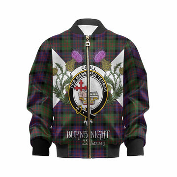 Coull Tartan Family Crest Kid Bomber Jacket Scottish Burns Night Thistle Floral