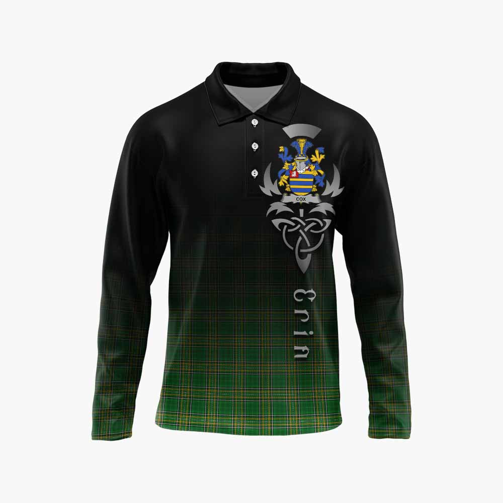 Tartan Vibes Clothing Cox Irish Clan Long Sleeve Polo Shirt with Coat of Arms Erin Go Bragh Celtic Inspired
