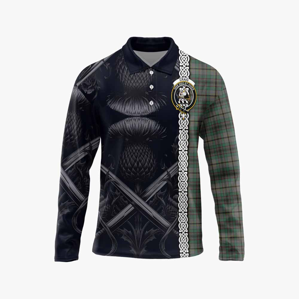 Tartan Vibes Clothing Craig Tartan Long Sleeve Polo Shirt with Family Crest Cross Sword Thistle Celtic Vibes