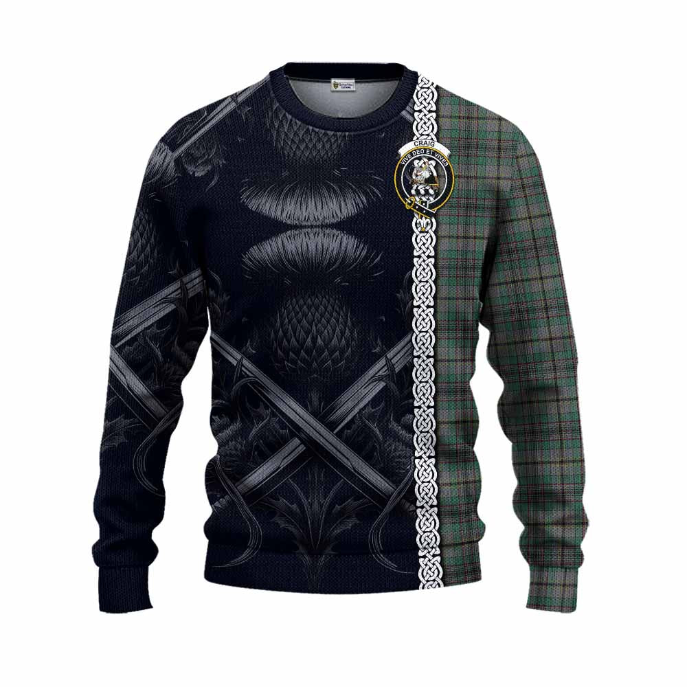 Tartan Vibes Clothing Craig Tartan Knitted Sweater with Family Crest Cross Sword Thistle Celtic Vibes