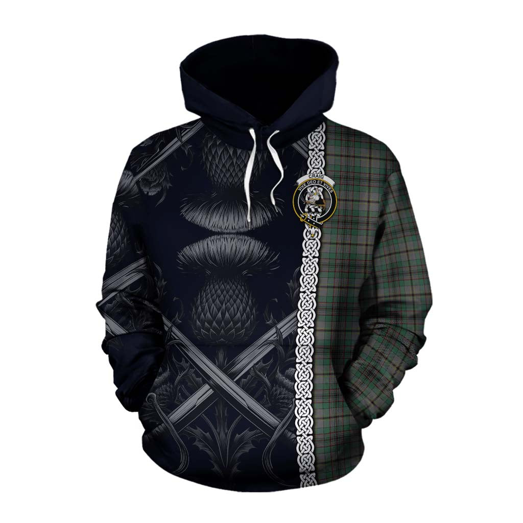 Tartan Vibes Clothing Craig Tartan Cotton Hoodie with Family Crest Cross Sword Thistle Celtic Vibes