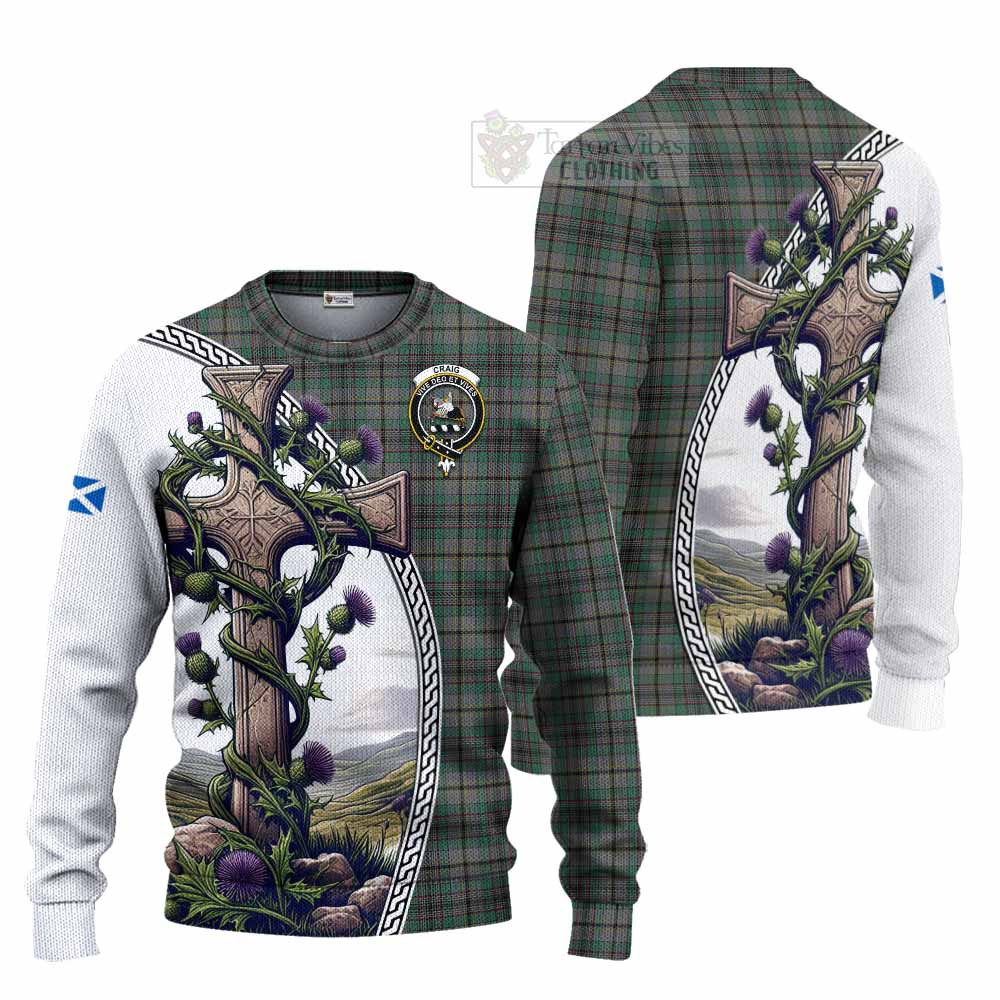 Craig Tartan Knitted Sweater with Family Crest and St. Andrew's Cross Accented by Thistle Vines Unisex - Tartan Vibes Clothing