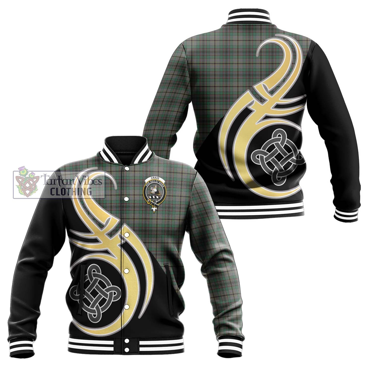 Craig Tartan Baseball Jacket with Family Crest and Celtic Symbol Style Unisex - Tartan Vibes Clothing