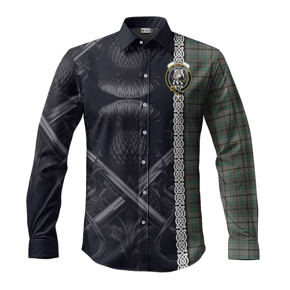 Tartan Vibes Clothing Craig Tartan Long Sleeve Button Shirt with Family Crest Cross Sword Thistle Celtic Vibes