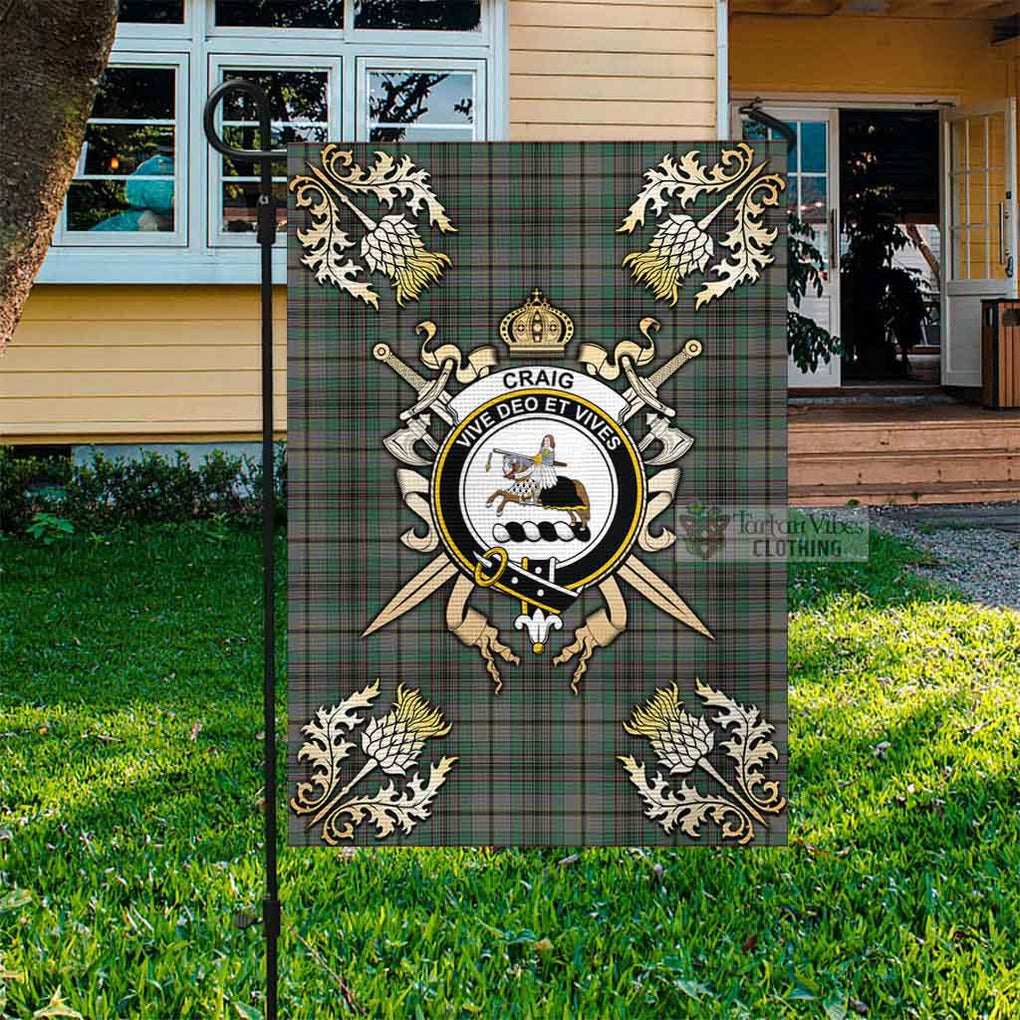 Tartan Vibes Clothing Craig Tartan Flag with Family Crest and Golden Thistle Crossed Sword Design