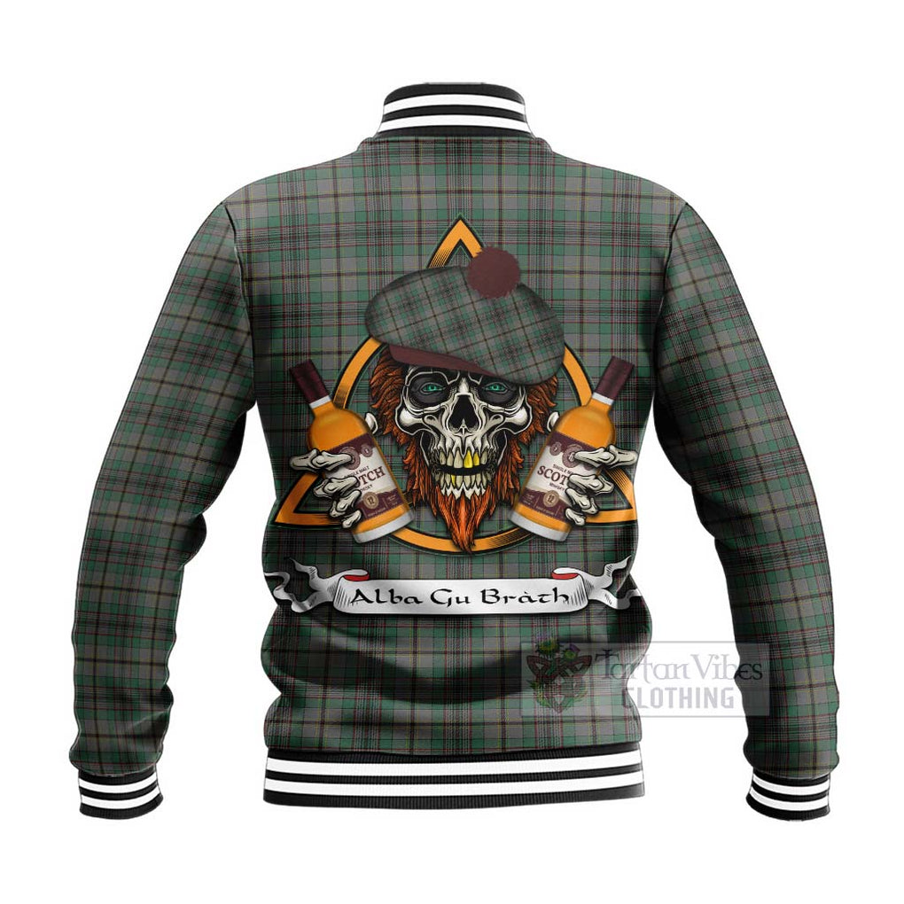 Tartan Vibes Clothing Craig Tartan Baseball Jacket with Family Crest and Bearded Skull Holding Bottles of Whiskey