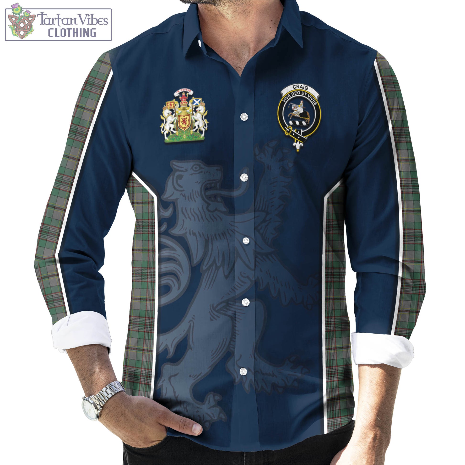 Tartan Vibes Clothing Craig Tartan Long Sleeve Button Up Shirt with Family Crest and Lion Rampant Vibes Sport Style