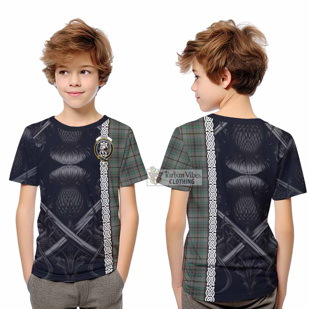 Tartan Vibes Clothing Craig Tartan Kid T-Shirt with Family Crest Cross Sword Thistle Celtic Vibes