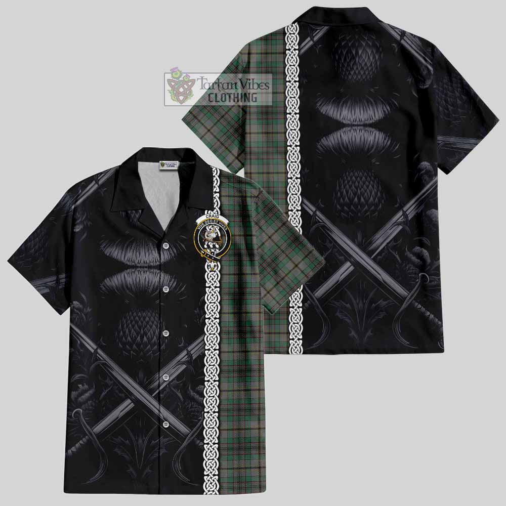 Tartan Vibes Clothing Craig Tartan Short Sleeve Button Shirt with Family Crest Cross Sword Thistle Celtic Vibes