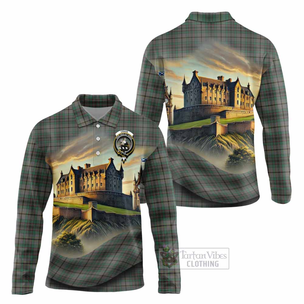 Tartan Vibes Clothing Craig Tartan Family Crest Long Sleeve Polo Shirt with Scottish Ancient Castle Style