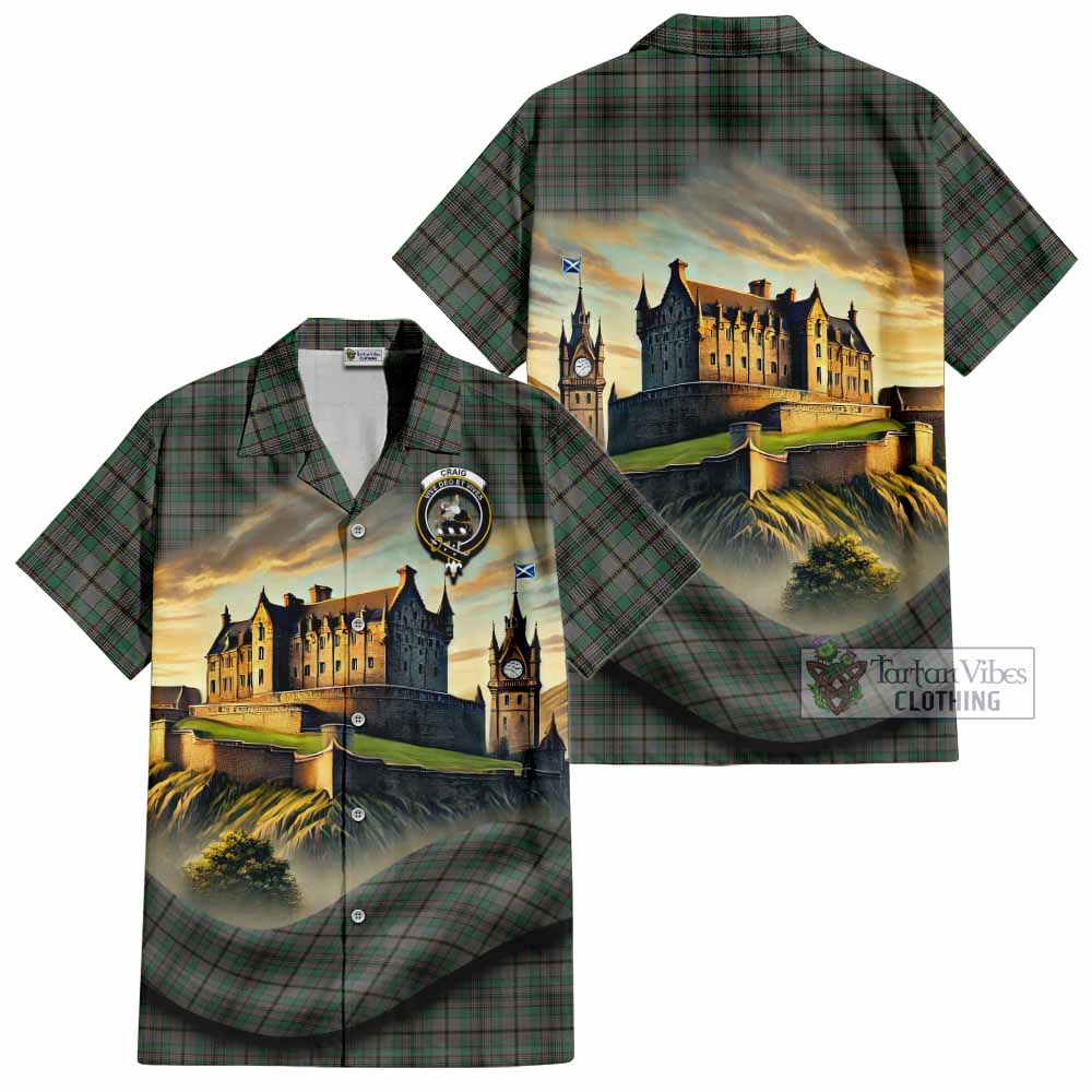 Tartan Vibes Clothing Craig Tartan Family Crest Short Sleeve Button Shirt with Scottish Ancient Castle Style