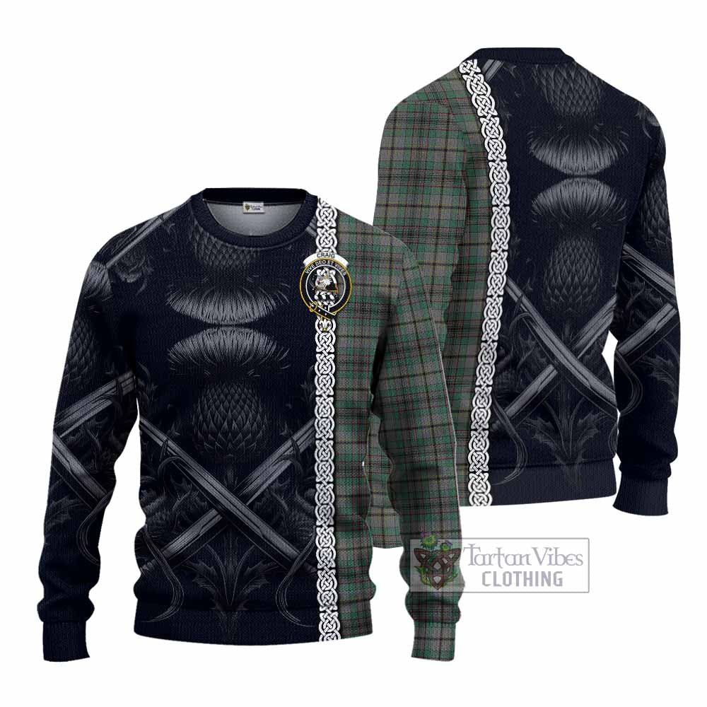 Tartan Vibes Clothing Craig Tartan Knitted Sweater with Family Crest Cross Sword Thistle Celtic Vibes