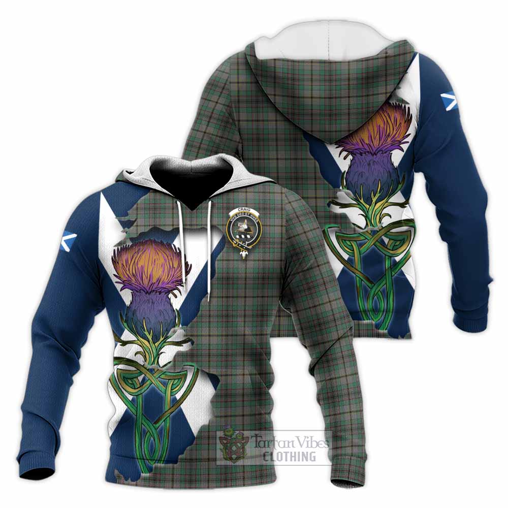 Tartan Vibes Clothing Craig Tartan Family Crest Knitted Hoodie Scottish Thistle Celtic Inspired