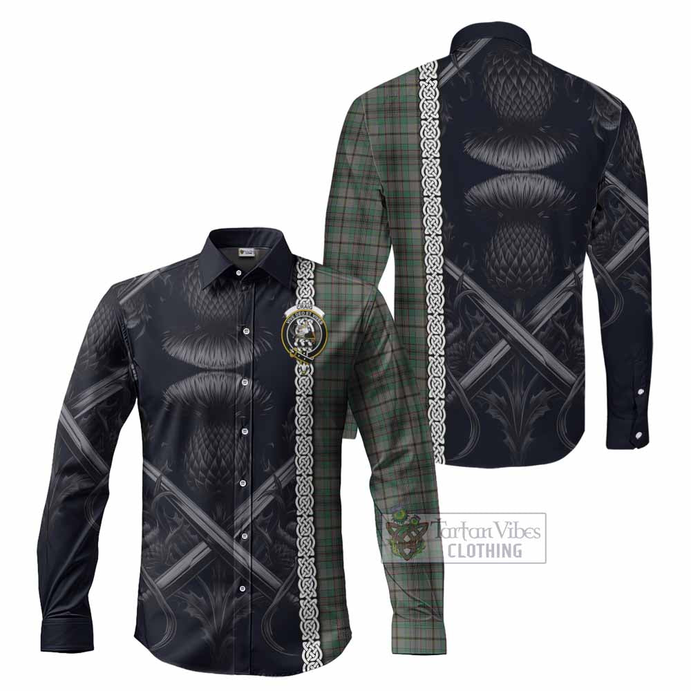 Tartan Vibes Clothing Craig Tartan Long Sleeve Button Shirt with Family Crest Cross Sword Thistle Celtic Vibes