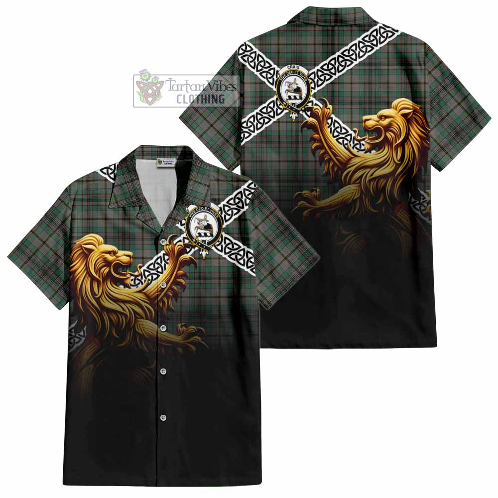 Tartan Vibes Clothing Craig Crest Tartan Short Sleeve Button Shirt with Golden Lion Emblem Celtic Style