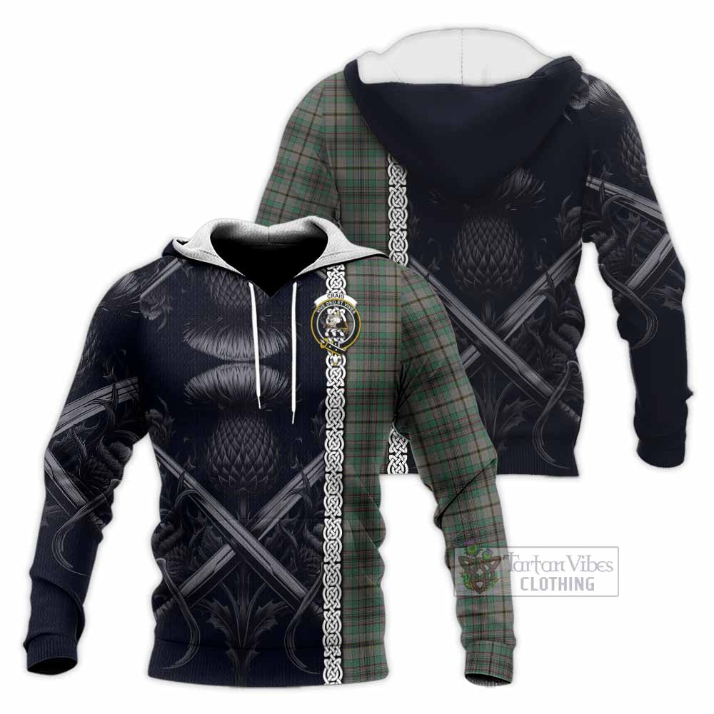Tartan Vibes Clothing Craig Tartan Knitted Hoodie with Family Crest Cross Sword Thistle Celtic Vibes