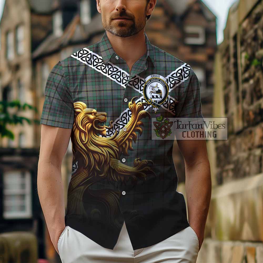 Tartan Vibes Clothing Craig Crest Tartan Short Sleeve Button Shirt with Golden Lion Emblem Celtic Style
