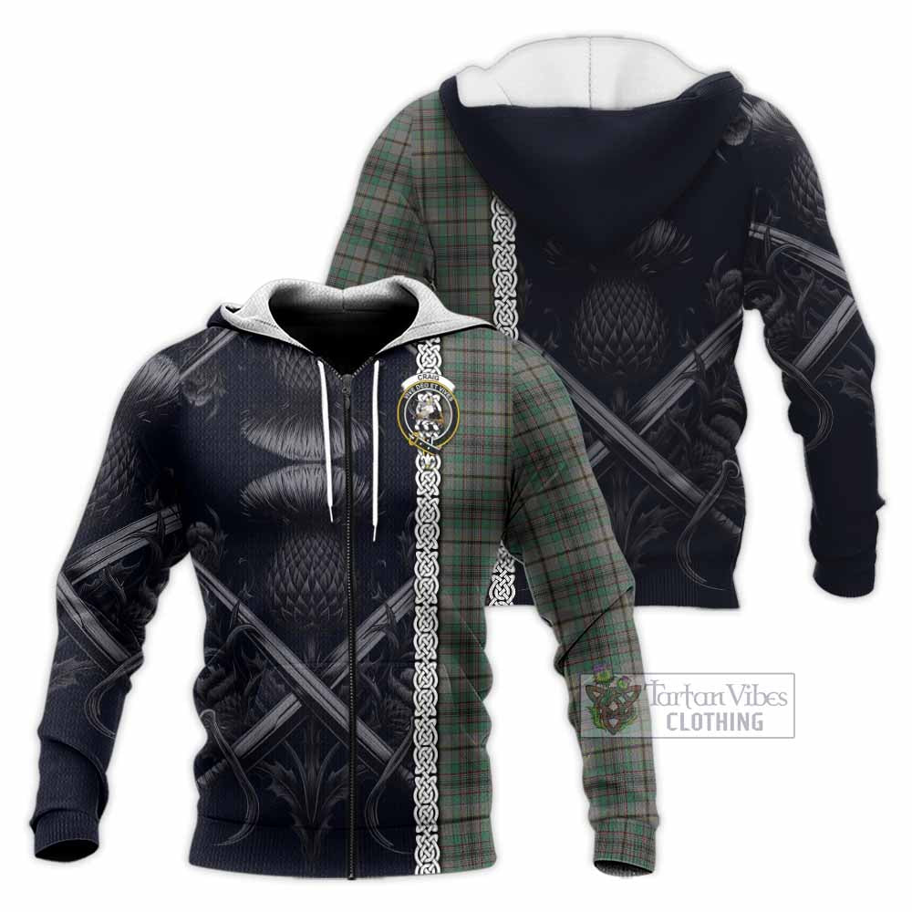 Tartan Vibes Clothing Craig Tartan Knitted Hoodie with Family Crest Cross Sword Thistle Celtic Vibes