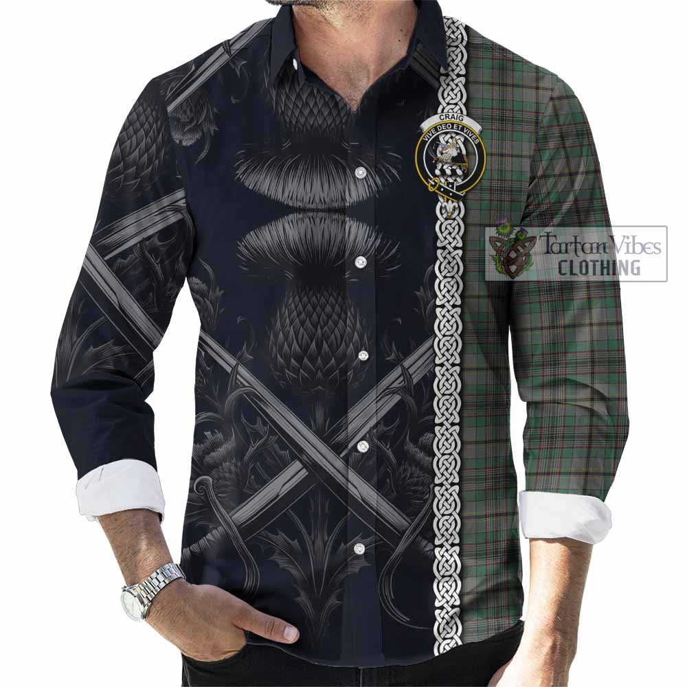 Tartan Vibes Clothing Craig Tartan Long Sleeve Button Shirt with Family Crest Cross Sword Thistle Celtic Vibes