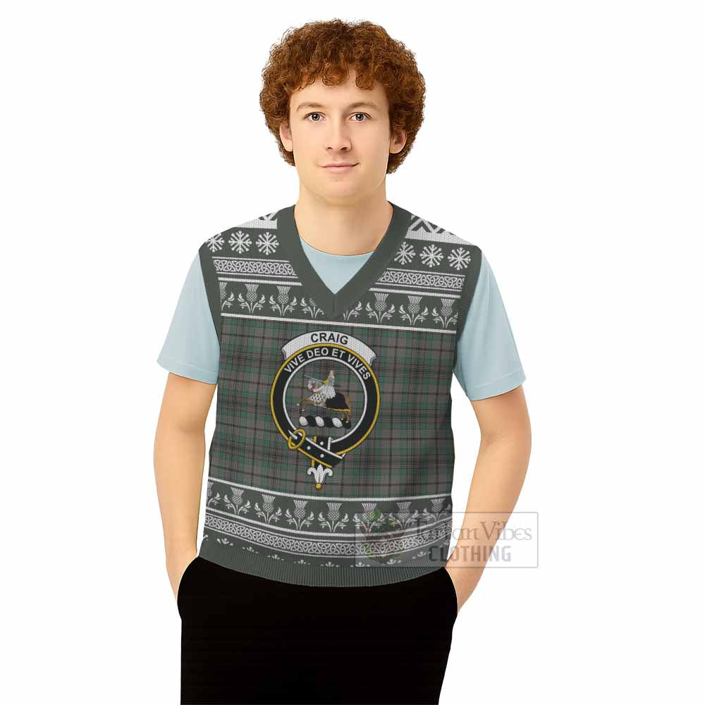 Craig Clan Tartan Christmas Knitted V-Neck Vest with Family Crest - Tartan Vibes Clothing