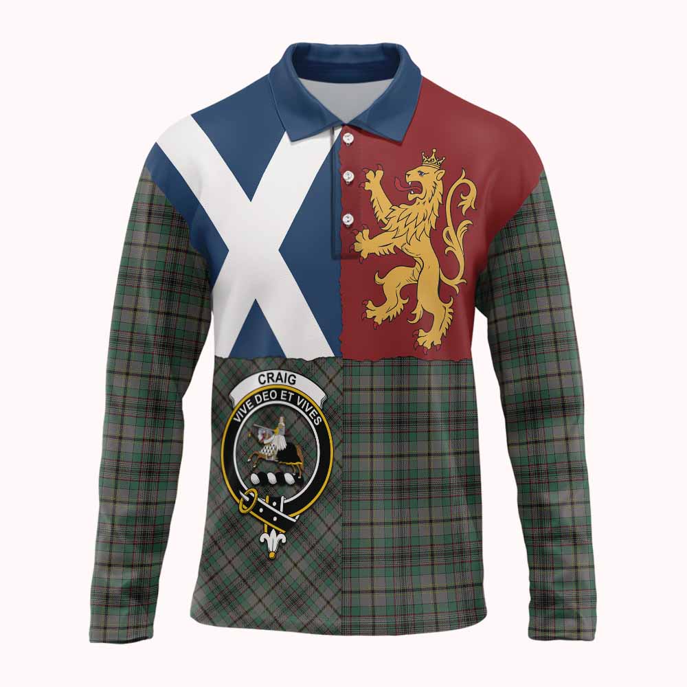 Craig Crest Tartan Long Sleeve Polo Shirt with Lion Rampant Saltire Style