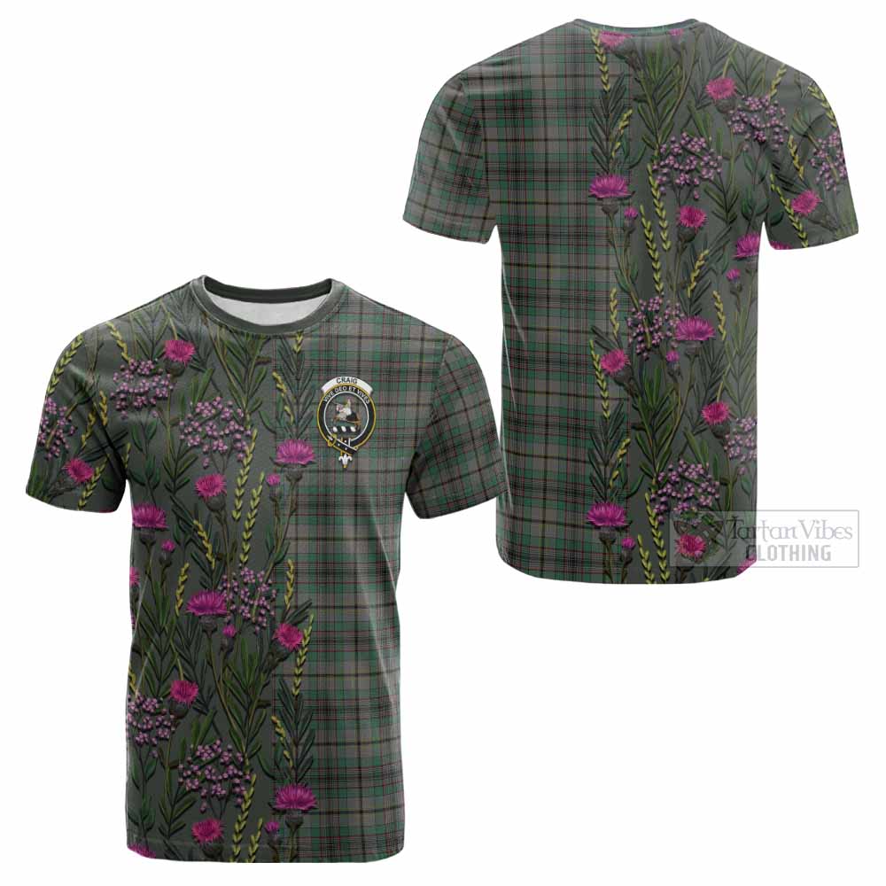 Craig Family Crest Tartan Cotton T-shirt Scottish Thistle Flower Pattern Half Style - Tartan Vibes Clothing