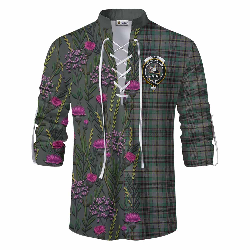 Craig Family Crest Tartan Ghillie Shirt Scottish Thistle Flower Pattern Half Style - Tartan Vibes Clothing