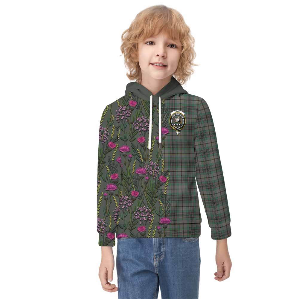 Craig Family Crest Tartan Kid Hoodie Scottish Thistle Flower Pattern Half Style - Tartan Vibes Clothing