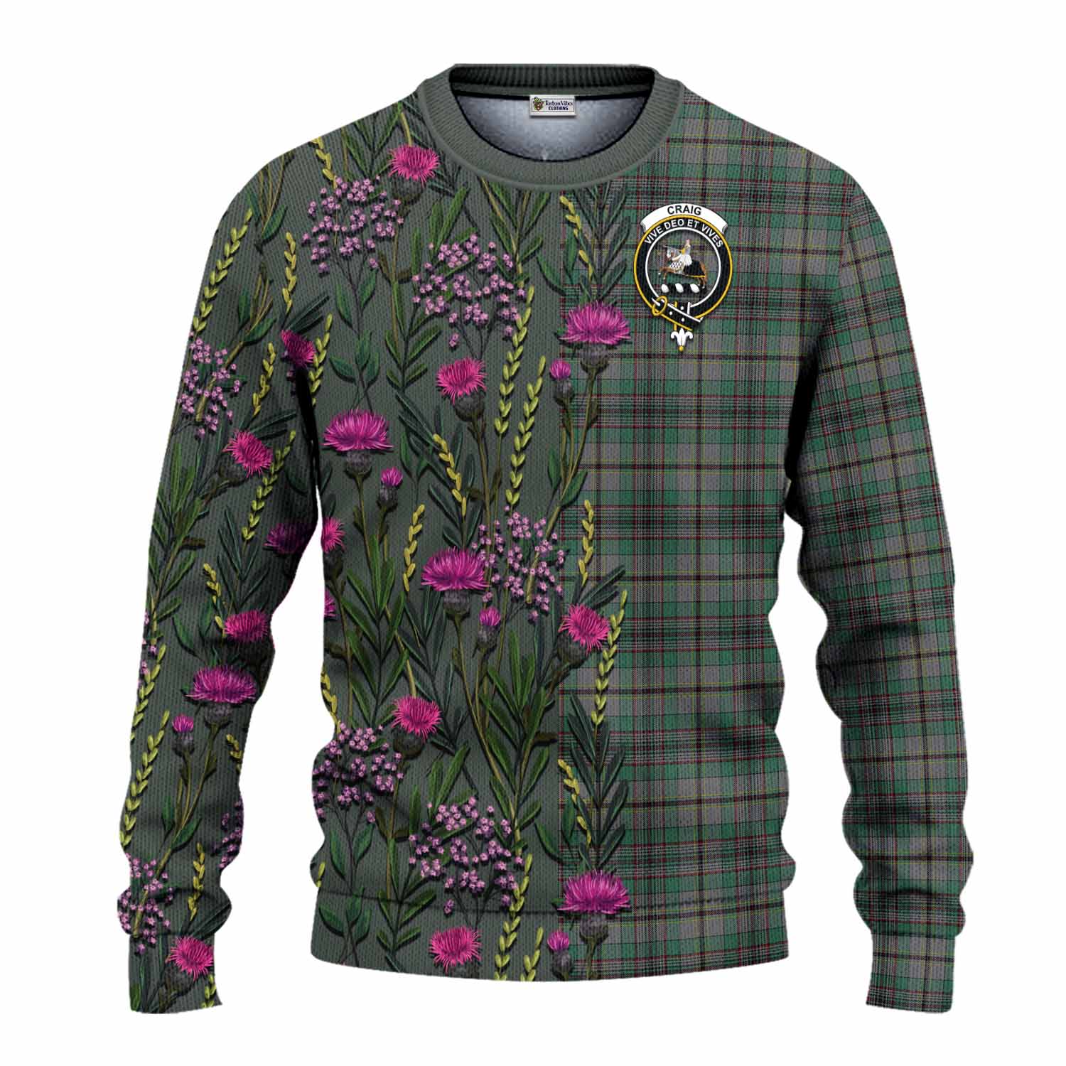 Craig Family Crest Tartan Knitted Sweater Scottish Thistle Flower Pattern Half Style - Tartan Vibes Clothing