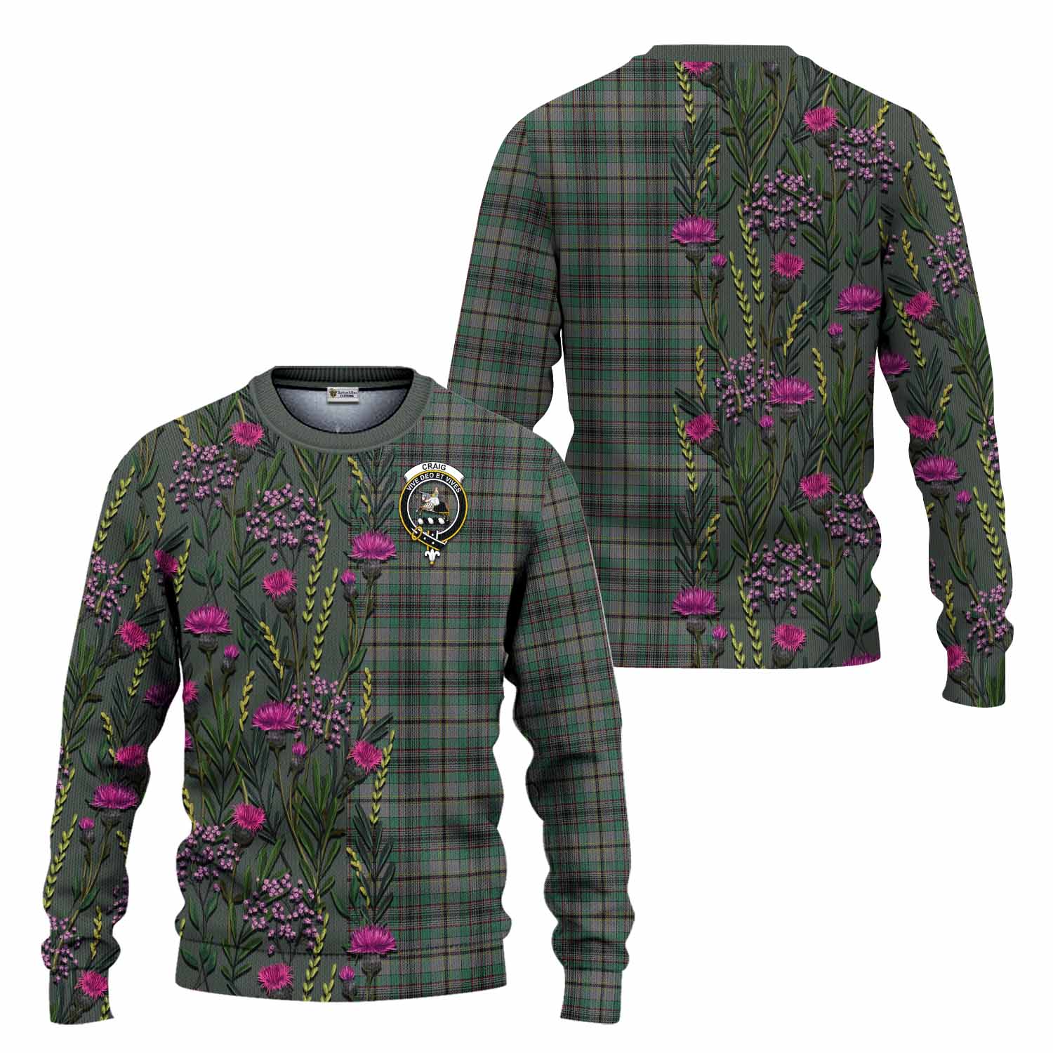 Craig Family Crest Tartan Knitted Sweater Scottish Thistle Flower Pattern Half Style - Tartan Vibes Clothing