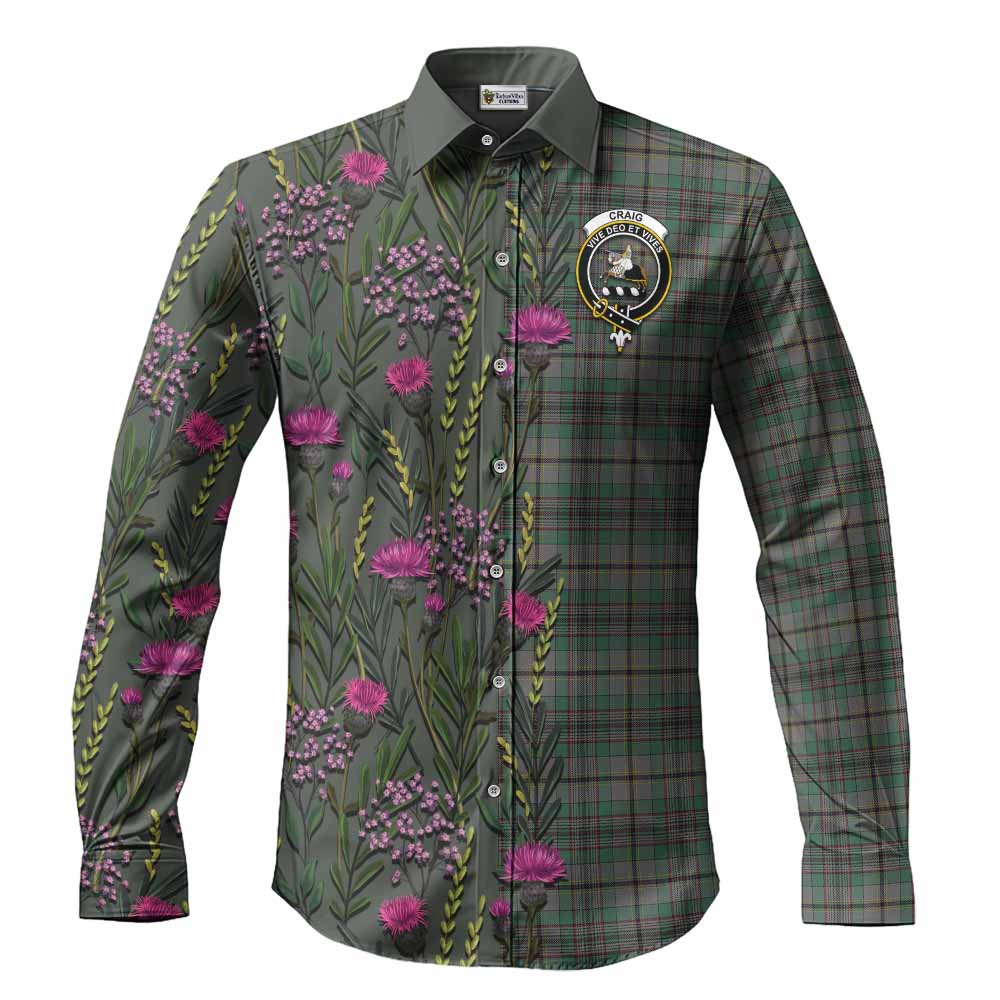 Craig Family Crest Tartan Long Sleeve Button Shirts Scottish Thistle Flower Pattern Half Style - Tartan Vibes Clothing