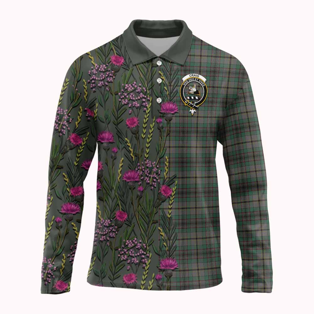 Craig Family Crest Tartan Long Sleeve Polo Shirt Scottish Thistle Flower Pattern Half Style - Tartan Vibes Clothing