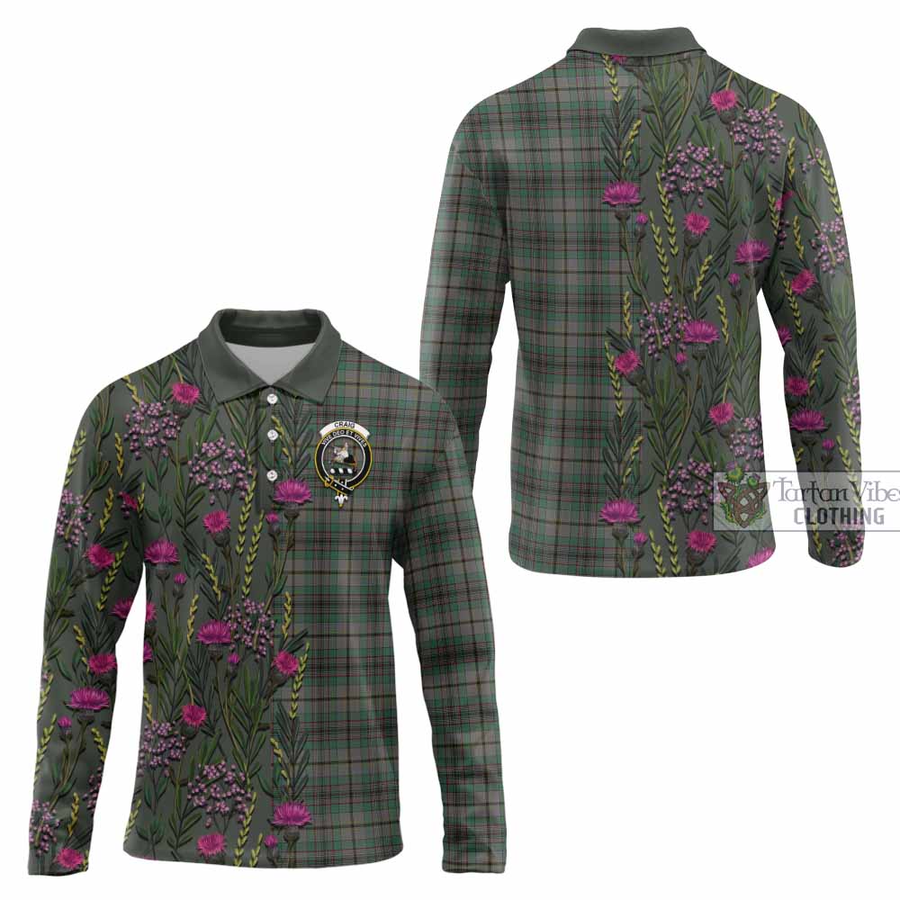 Craig Family Crest Tartan Long Sleeve Polo Shirt Scottish Thistle Flower Pattern Half Style - Tartan Vibes Clothing