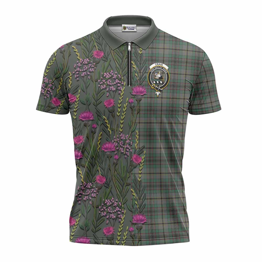 Craig Family Crest Tartan Zipper Polo Shirt Scottish Thistle Flower Pattern Half Style - Tartan Vibes Clothing