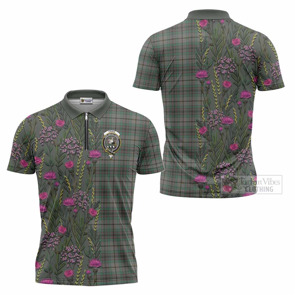 Craig Family Crest Tartan Zipper Polo Shirt Scottish Thistle Flower Pattern Half Style - Tartan Vibes Clothing