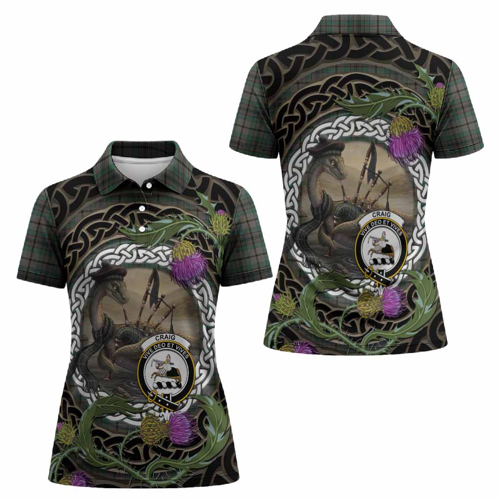 Craig Tartan Crest Bagpipe Nessie Women Polo Shirt Scottish Loch Ness Monster Celtic Thistle