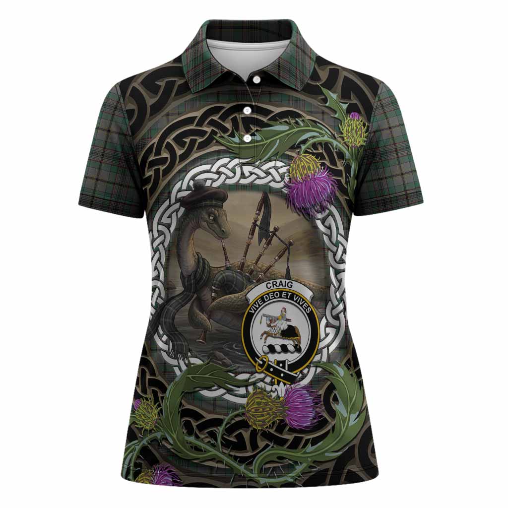 Craig Tartan Crest Bagpipe Nessie Women Polo Shirt Scottish Loch Ness Monster Celtic Thistle
