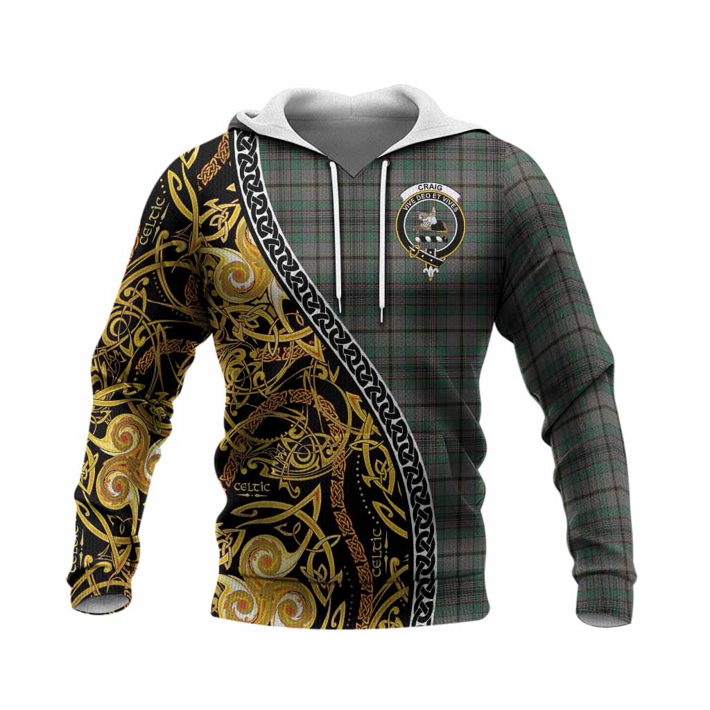 Craig Tartan Crest Knitted Hoodie Celtic Knot and Triple Trickle Spiral Symbols