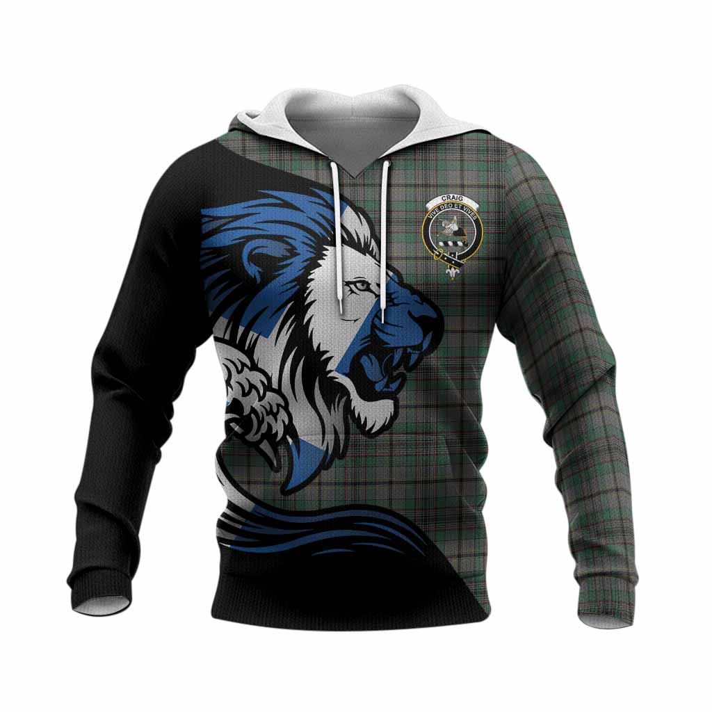 Craig Tartan Crest Knitted Hoodie Scottish Golden Lions Wave Flow