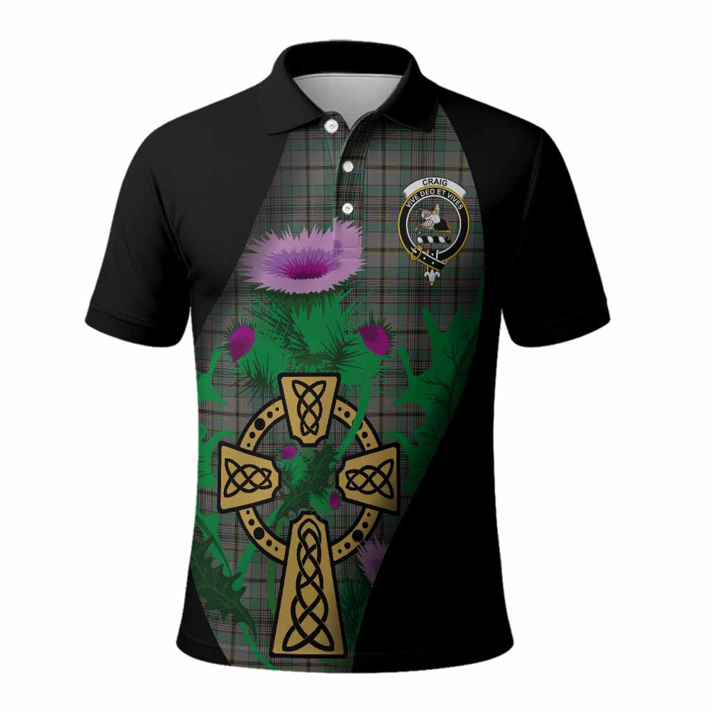 Craig Tartan Crest Polo Shirt Celtic Cross Thistle Flowers