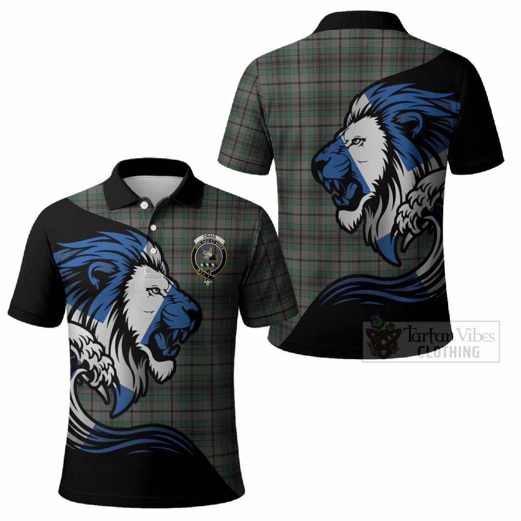 Craig Tartan Crest Polo Shirt Scottish Golden Lions Wave Flow