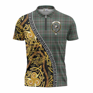 Craig Tartan Crest Zipper Polo Shirt Celtic Knot and Triple Trickle Spiral Symbols