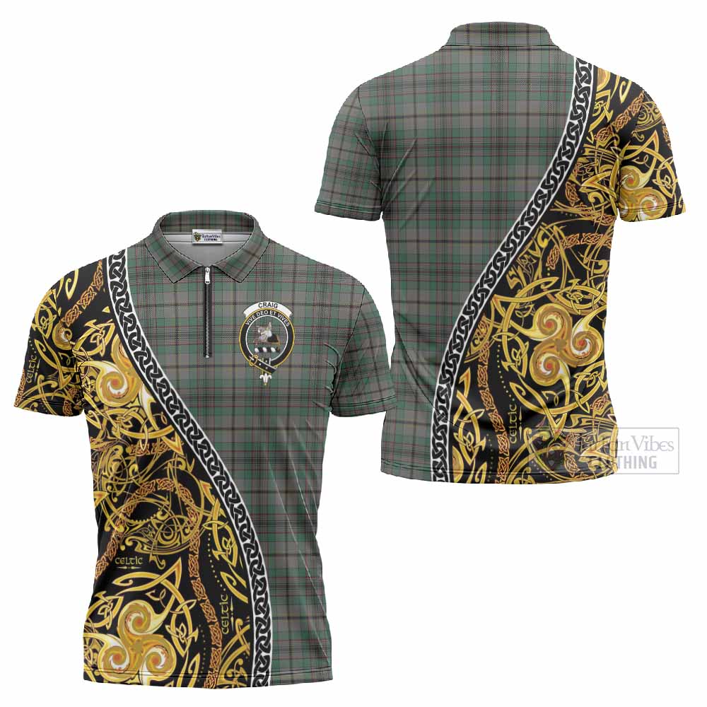 Craig Tartan Crest Zipper Polo Shirt Celtic Knot and Triple Trickle Spiral Symbols