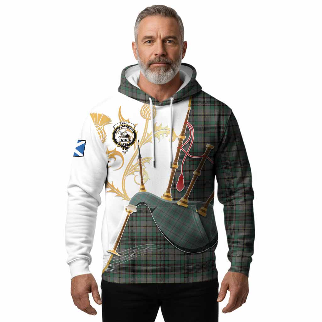 Craig Tartan Family Crest Hoodie Bagpipes with Scottish Thistle