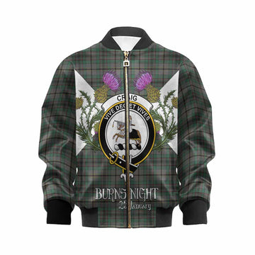 Craig Tartan Family Crest Kid Bomber Jacket Scottish Burns Night Thistle Floral