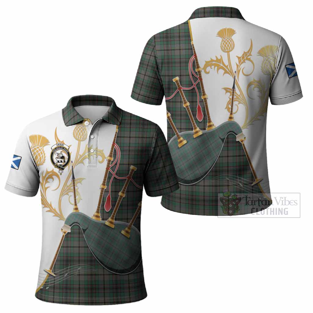 Craig Tartan Family Crest Polo Shirt Bagpipes with Scottish Thistle