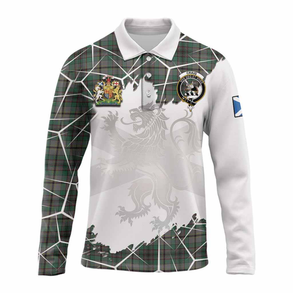 Craig Tartan Long Sleeve Polo Shirt with Family Crest and Lion Rampant Grunge Style
