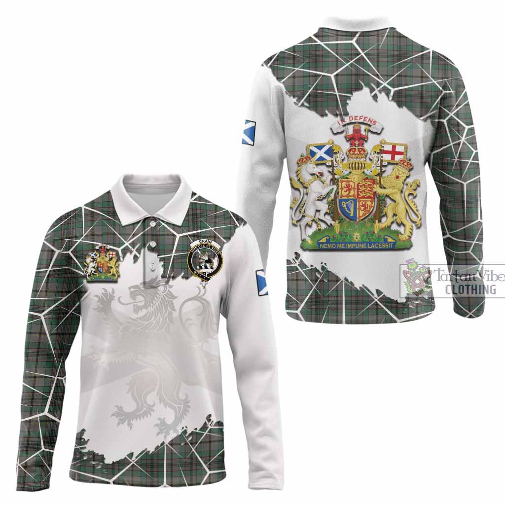 Craig Tartan Long Sleeve Polo Shirt with Family Crest and Lion Rampant Grunge Style