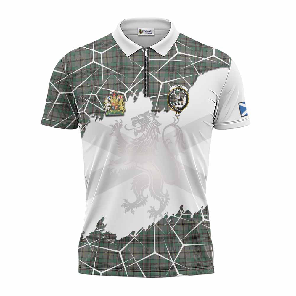 Craig Tartan Zipper Polo Shirt with Family Crest and Lion Rampant Grunge Style