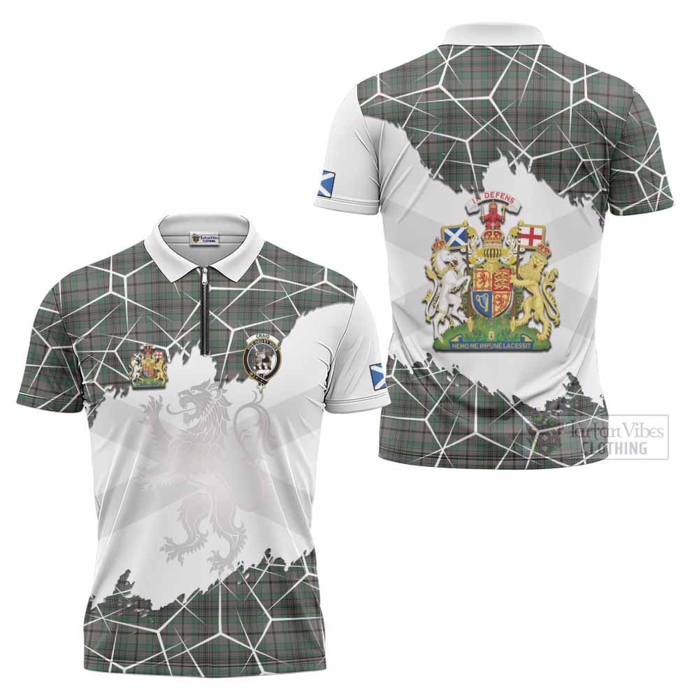Craig Tartan Zipper Polo Shirt with Family Crest and Lion Rampant Grunge Style